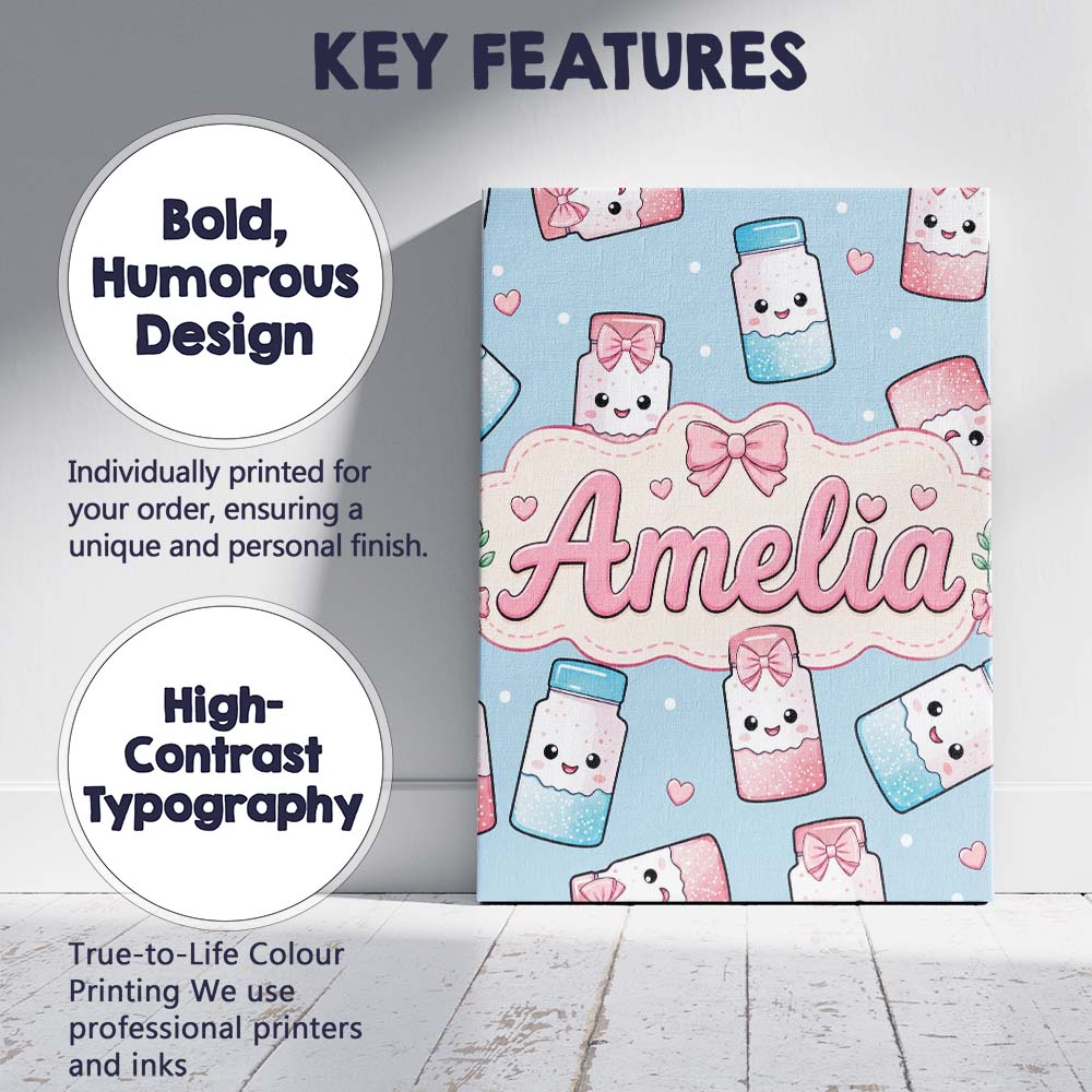 Personalised Name Cute Kawaii Sugar Jar Custom  Modern Room Accent Elegant Feature Canvas Wall Art Print Decor Picture Ready to Hang