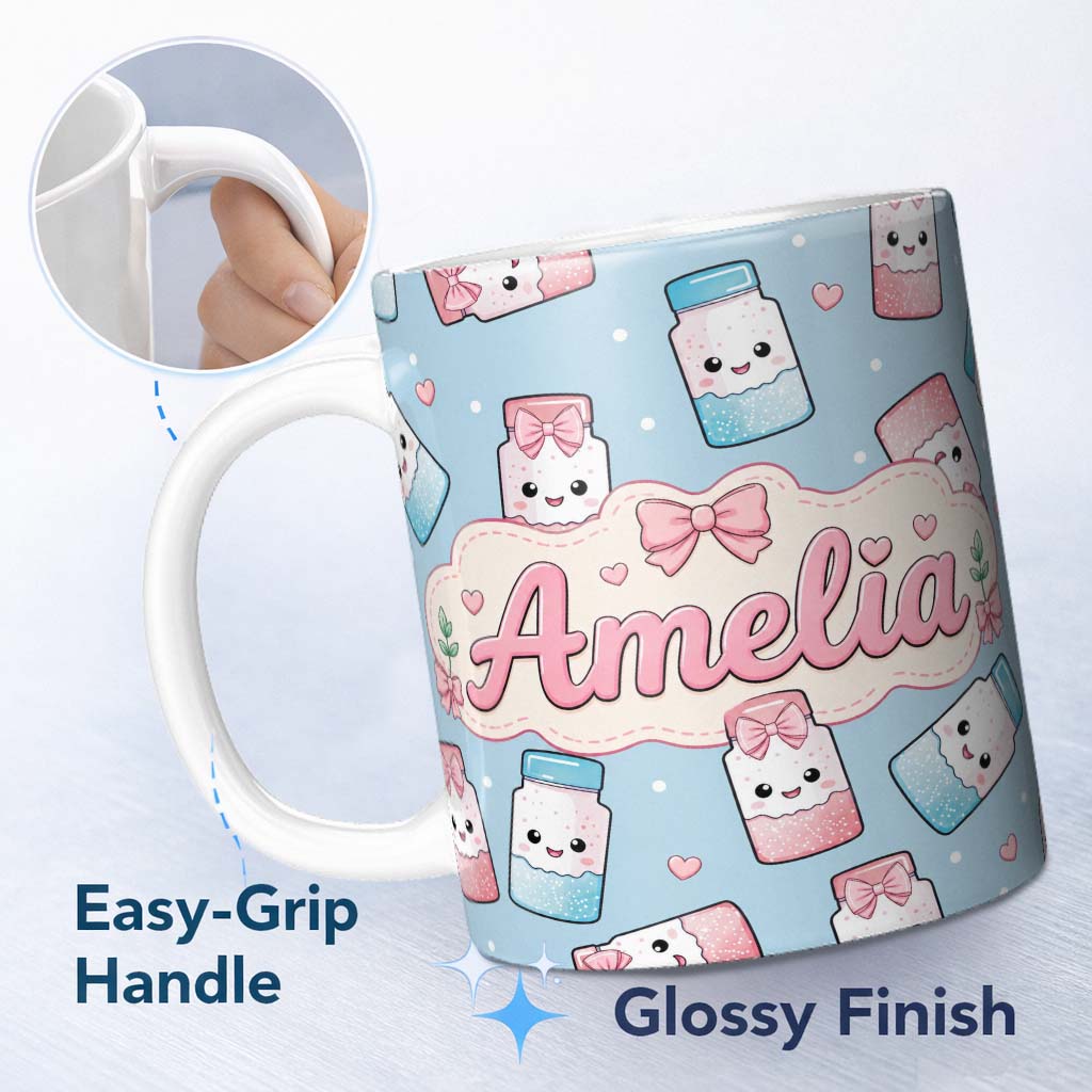 Personalized Custom Name Cute Kawaii Sugar Jar Bottles with Glitter Sprinkles Blue 11oz Ceramic Coffee Tea Mug White Large Handle