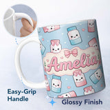 Personalized Custom Name Cute Kawaii Sugar Jar Bottles with Glitter Sprinkles Blue 11oz Ceramic Coffee Tea Mug White Large Handle