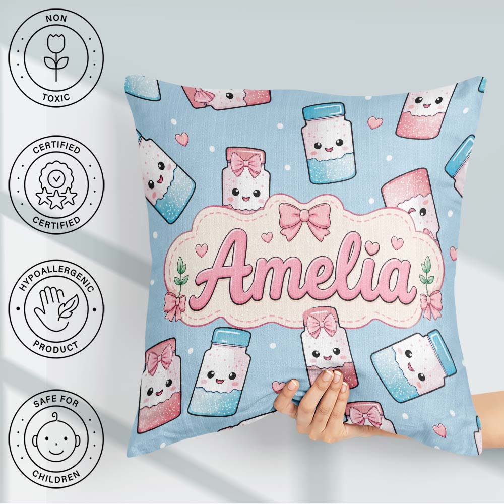 Custom Name Kawaii Sugar Jar Bottles with Glitter Sprinkles Blue Square Filled Cushion Throw Pillow Sofa Bed Home Decor Zip Washable UK Made
