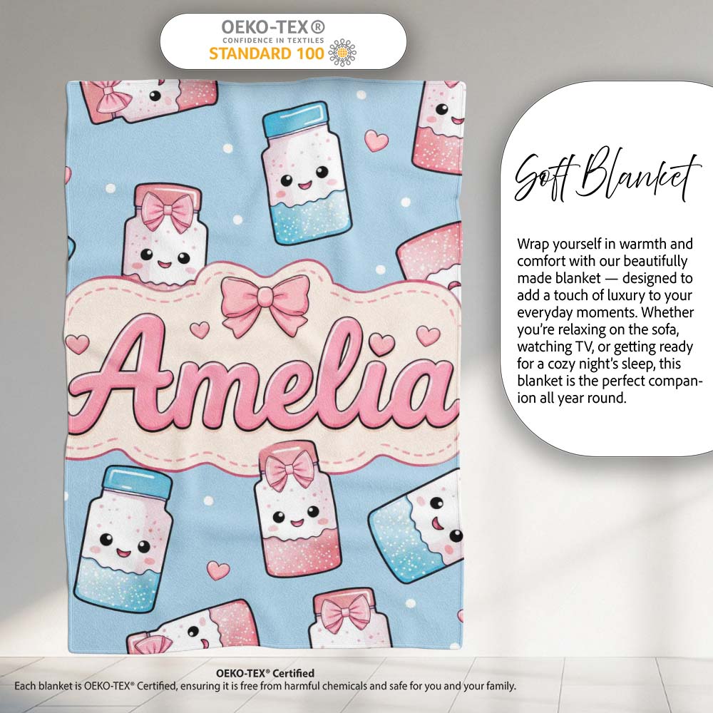 Cute Kawaii Sugar Jar Bottles with Glitter Sprinkles Blue  Personalised Custom Name Super Soft Fleece Blanket Bed Sofa Throw