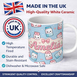 Personalized Custom Name Cute Kawaii Sugar Jar Bottles with Glitter Sprinkles Blue 11oz Ceramic Coffee Tea Mug White Large Handle