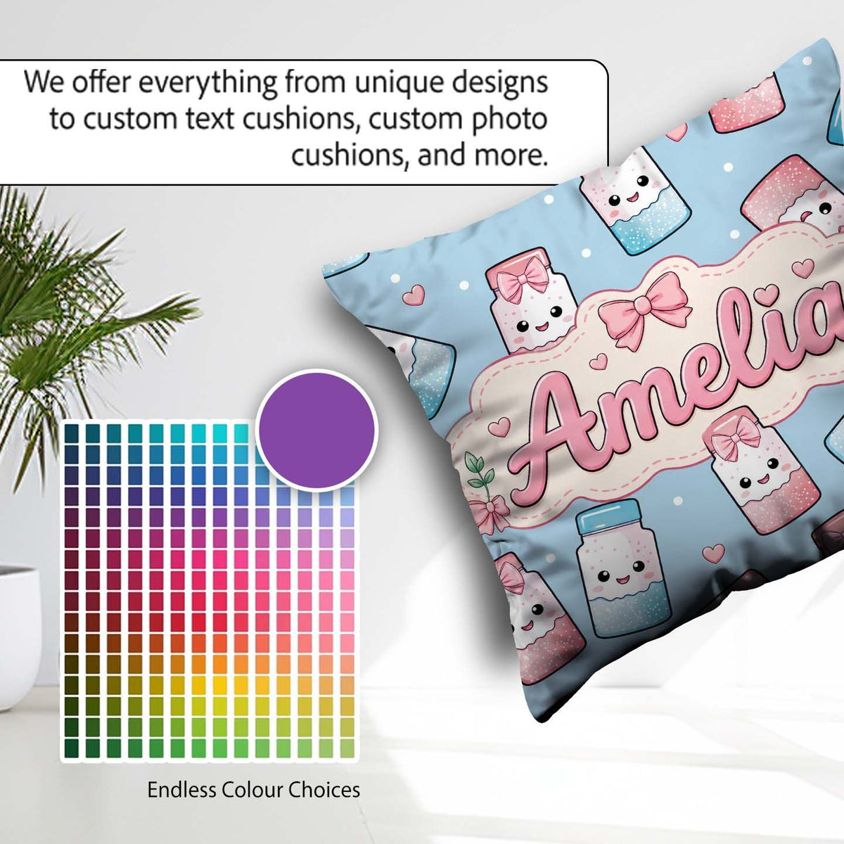 Custom Name Kawaii Sugar Jar Bottles with Glitter Sprinkles Blue Square Filled Cushion Throw Pillow Sofa Bed Home Decor Zip Washable UK Made