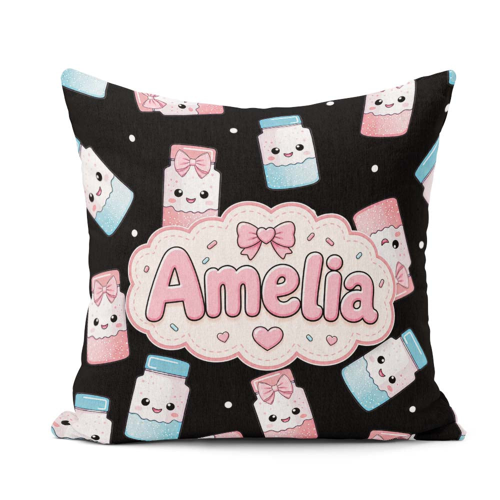 Custom Name Cute Kawaii Sugar Jar Bottles with Glitter Sprinkles Square Filled Cushion Throw Pillow Sofa Bed Home Decor Zip Washable UK Made