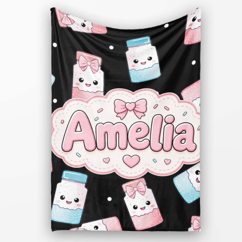 Cute Kawaii Sugar Jar Bottles with Glitter Sprinkles Black  Personalised Custom Name Super Soft Fleece Blanket Bed Sofa Throw