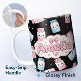 Personalized Custom Name Cute Kawaii Sugar Jar Bottles with Glitter Sprinkles Black 11oz Ceramic Coffee Tea Mug White Large Handle
