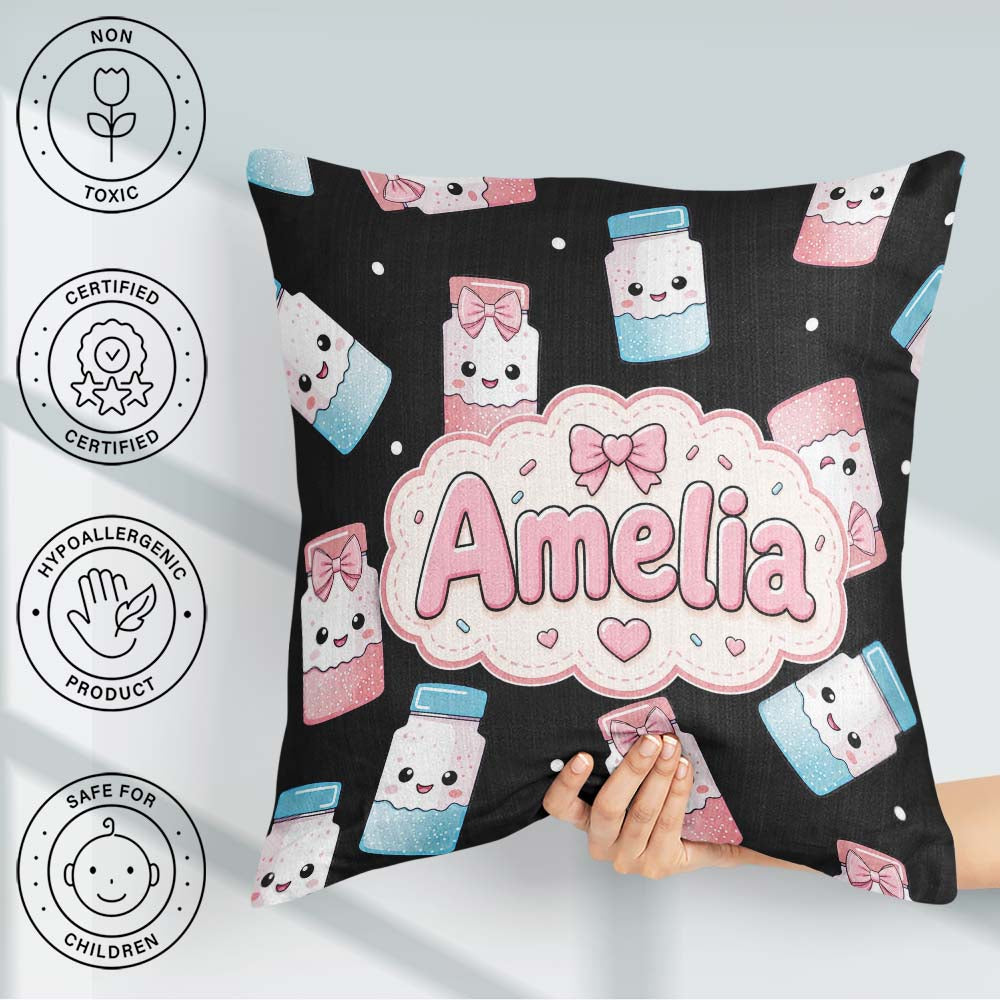 Custom Name Cute Kawaii Sugar Jar Bottles with Glitter Sprinkles Square Filled Cushion Throw Pillow Sofa Bed Home Decor Zip Washable UK Made