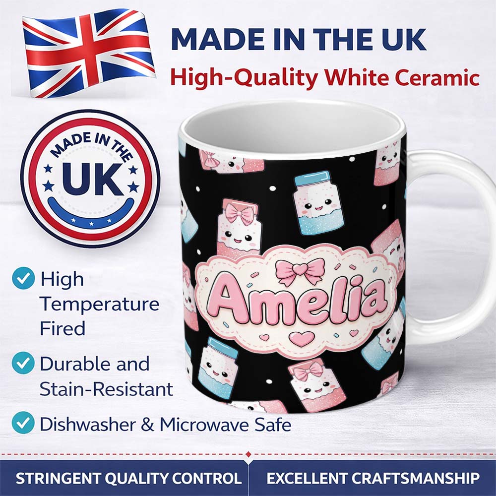 Personalized Custom Name Cute Kawaii Sugar Jar Bottles with Glitter Sprinkles Black 11oz Ceramic Coffee Tea Mug White Large Handle