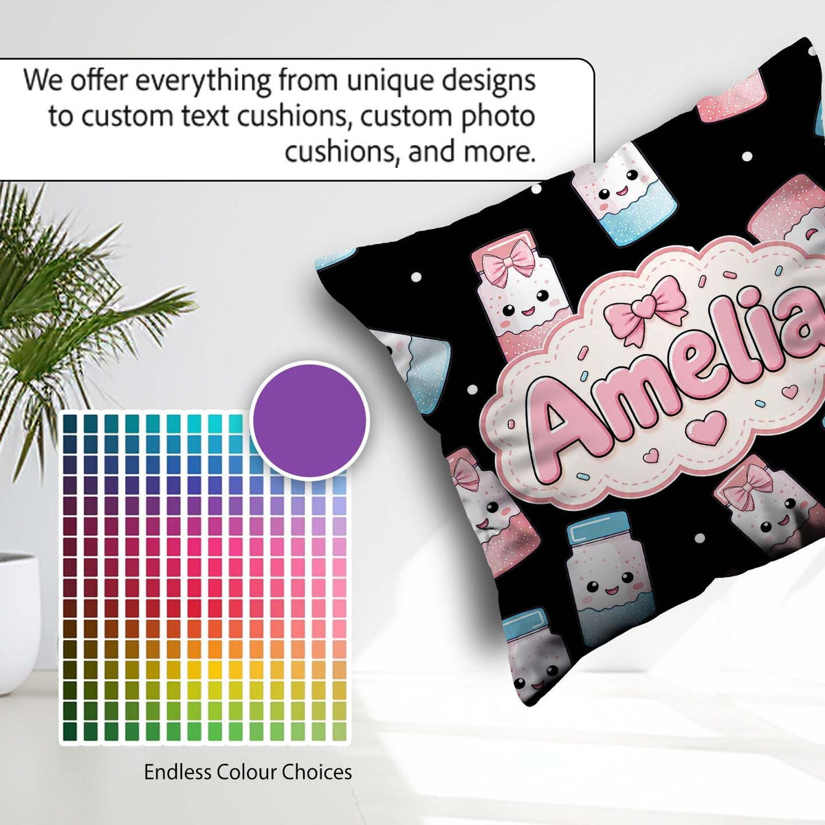 Custom Name Cute Kawaii Sugar Jar Bottles with Glitter Sprinkles Square Filled Cushion Throw Pillow Sofa Bed Home Decor Zip Washable UK Made