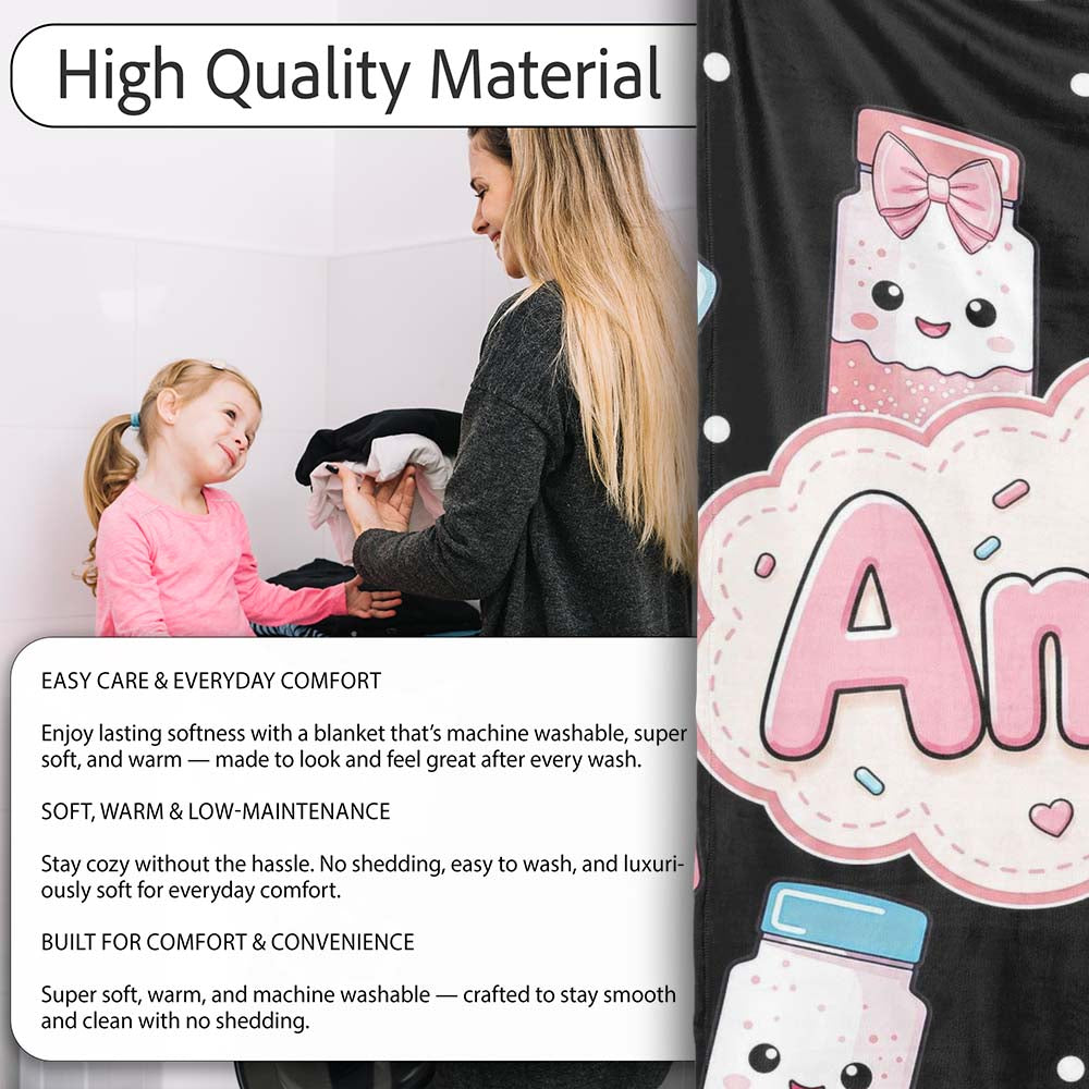 Cute Kawaii Sugar Jar Bottles with Glitter Sprinkles Black  Personalised Custom Name Super Soft Fleece Blanket Bed Sofa Throw