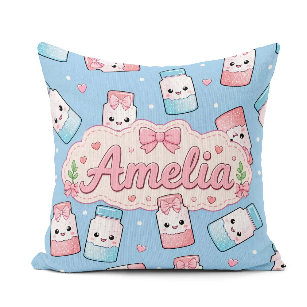 Custom Name Cute Kawaii Sugar Jar Bottles with Glitter Sky Blue Square Filled Cushion Throw Pillow Sofa Bed Home Decor Zip Washable UK Made