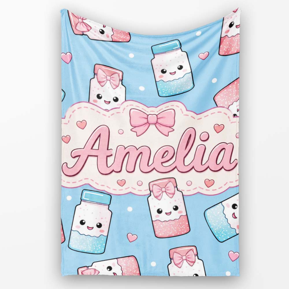 Cute Kawaii Sugar Jar Bottles with Glitter Sprinkles Sky Blue  Personalised Custom Name Super Soft Fleece Blanket Bed Sofa Throw
