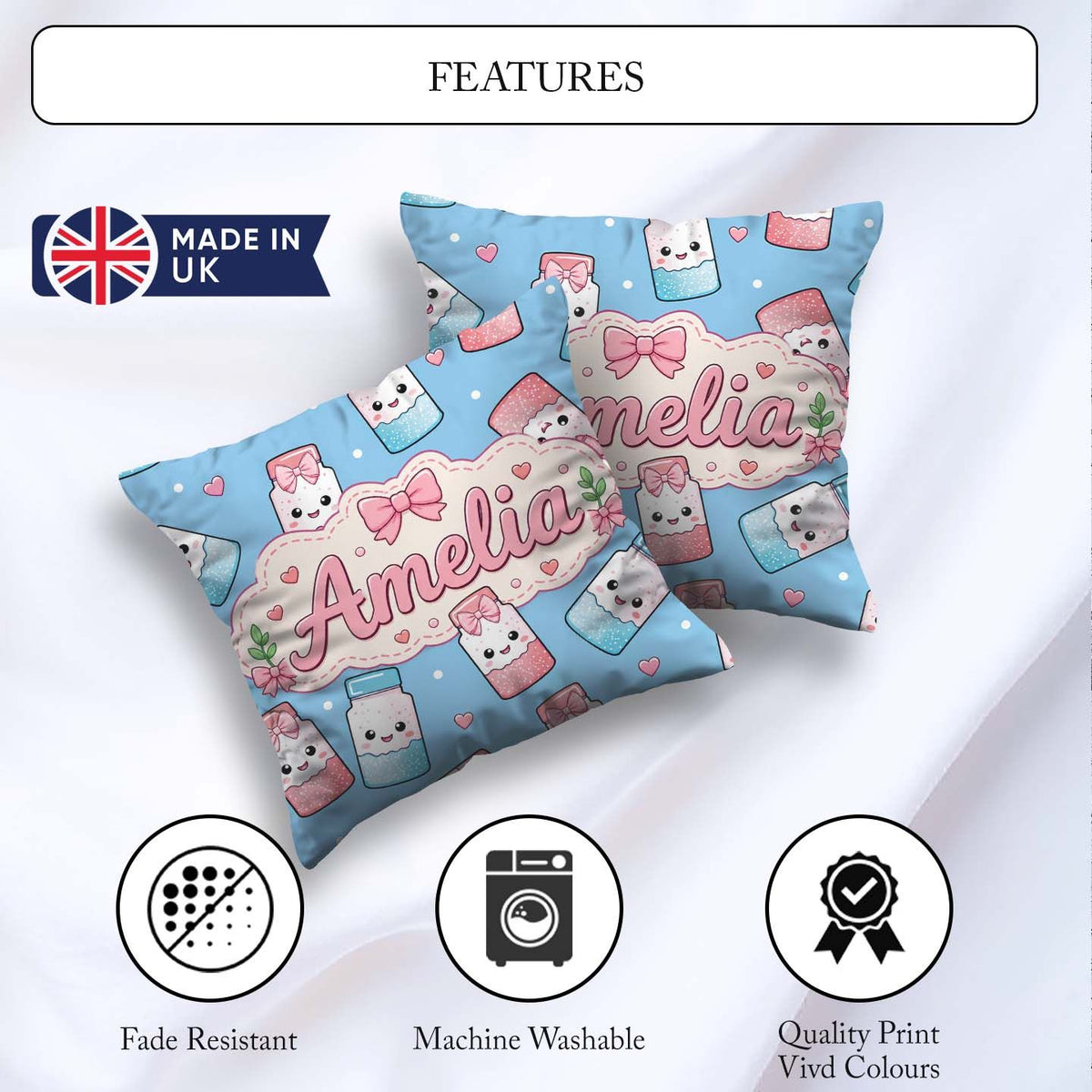 Custom Name Cute Kawaii Sugar Jar Bottles with Glitter Sky Blue Square Filled Cushion Throw Pillow Sofa Bed Home Decor Zip Washable UK Made