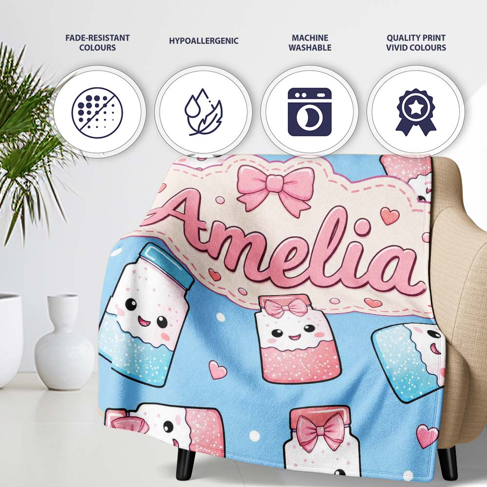 Cute Kawaii Sugar Jar Bottles with Glitter Sprinkles Sky Blue  Personalised Custom Name Super Soft Fleece Blanket Bed Sofa Throw