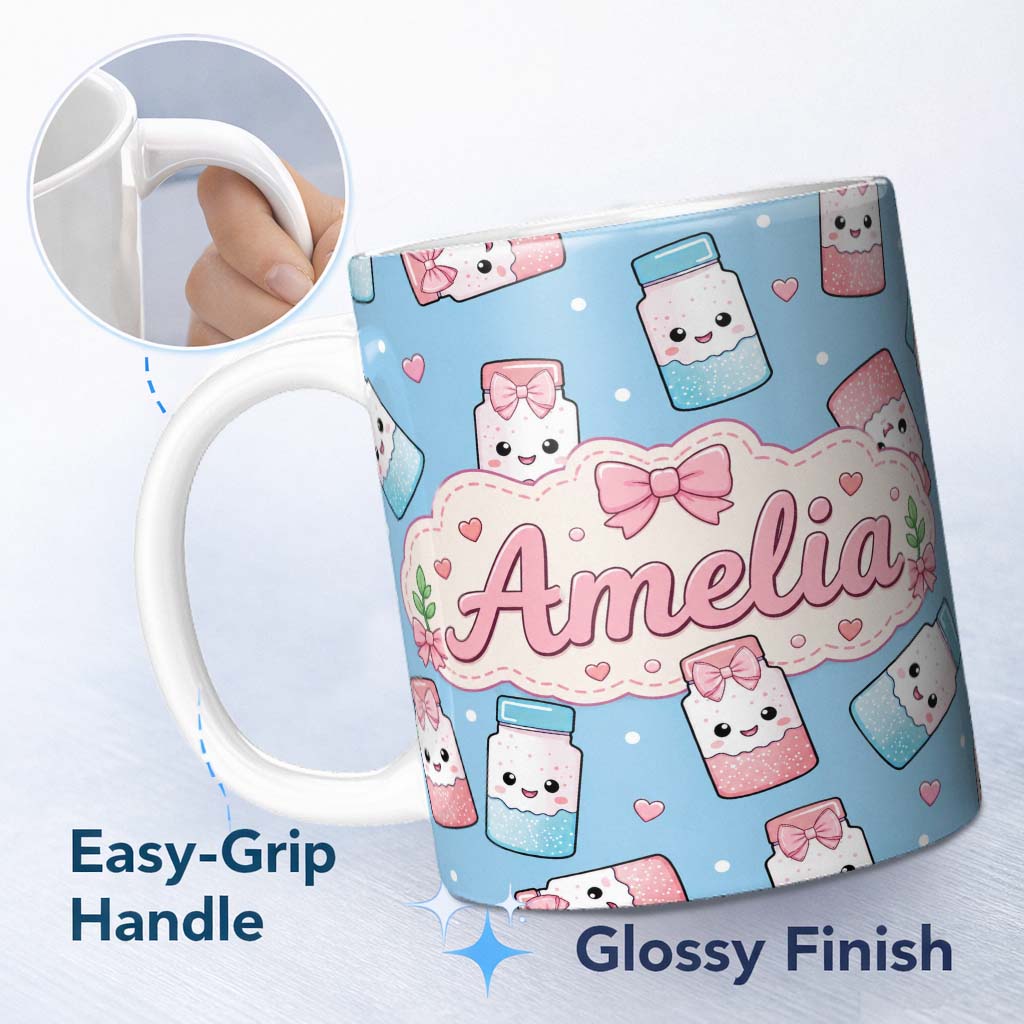 Personalized Custom Name Cute Kawaii Sugar Jar Bottles with Glitter Sprinkles Sky Blue 11oz Ceramic Coffee Tea Mug White Large Handle