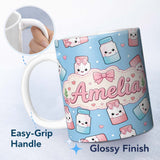 Personalized Custom Name Cute Kawaii Sugar Jar Bottles with Glitter Sprinkles Sky Blue 11oz Ceramic Coffee Tea Mug White Large Handle