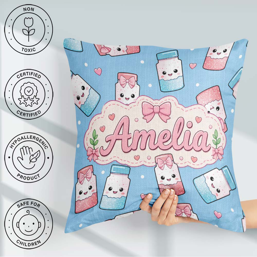 Custom Name Cute Kawaii Sugar Jar Bottles with Glitter Sky Blue Square Filled Cushion Throw Pillow Sofa Bed Home Decor Zip Washable UK Made