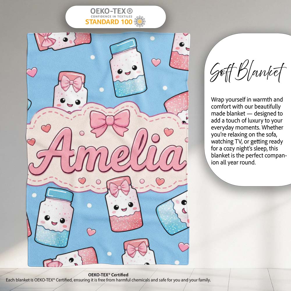 Cute Kawaii Sugar Jar Bottles with Glitter Sprinkles Sky Blue  Personalised Custom Name Super Soft Fleece Blanket Bed Sofa Throw