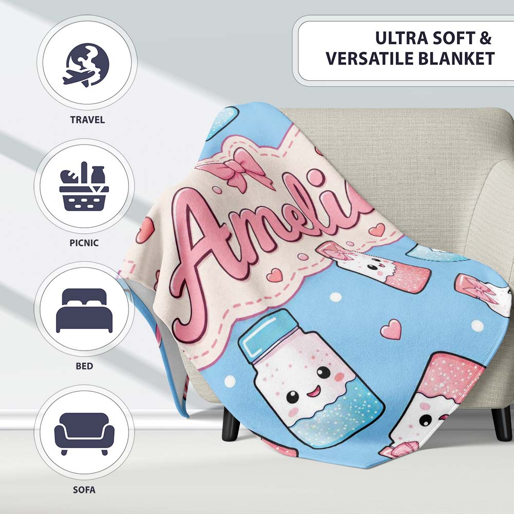 Cute Kawaii Sugar Jar Bottles with Glitter Sprinkles Sky Blue  Personalised Custom Name Super Soft Fleece Blanket Bed Sofa Throw