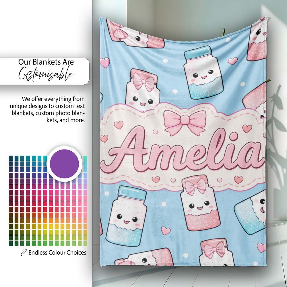 Cute Kawaii Sugar Jar Bottles with Glitter Sprinkles Sky Blue  Personalised Custom Name Super Soft Fleece Blanket Bed Sofa Throw