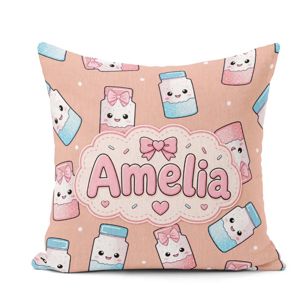 Custom Name Cute Kawaii Sugar Jar Bottles with Glitter Sprinkles Square Filled Cushion Throw Pillow Sofa Bed Home Decor Zip Washable UK Made
