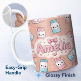 Personalized Custom Name Cute Kawaii Sugar Jar Bottles with Glitter Sprinkles Peach 11oz Ceramic Coffee Tea Mug White Large Handle