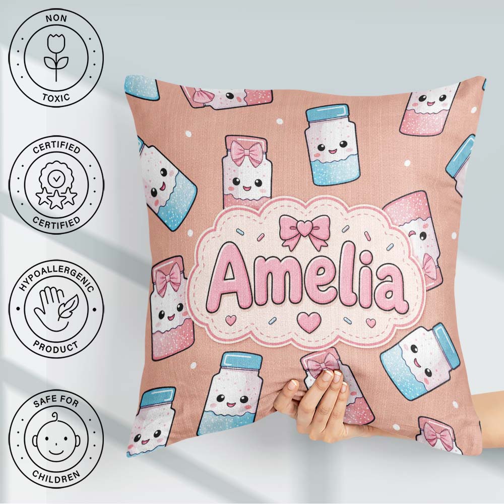 Custom Name Cute Kawaii Sugar Jar Bottles with Glitter Sprinkles Square Filled Cushion Throw Pillow Sofa Bed Home Decor Zip Washable UK Made