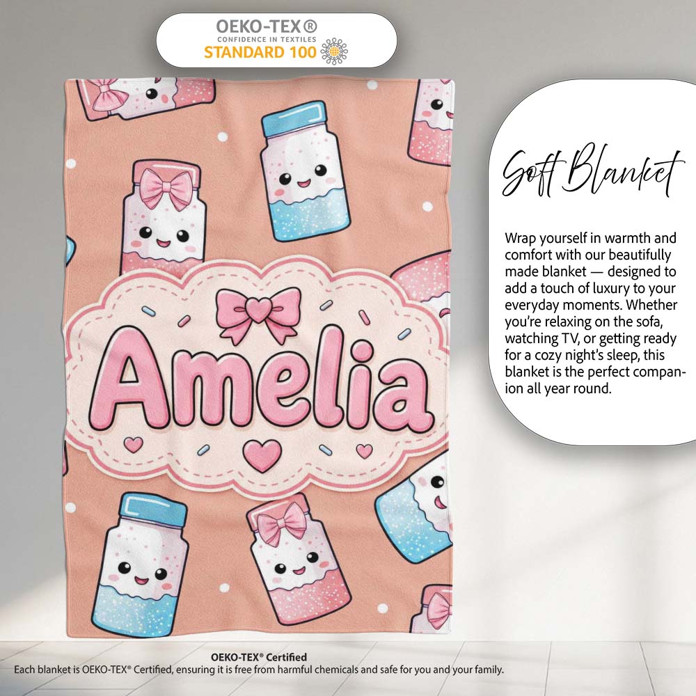 Cute Kawaii Sugar Jar Bottles with Glitter Sprinkles Peach  Personalised Custom Name Super Soft Fleece Blanket Bed Sofa Throw