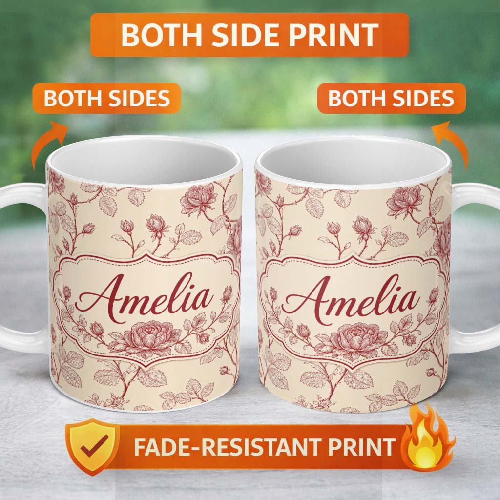 Personalized Custom Name Classic Red Line Art Rose Botanical Seamless Pattern Design Lovely 11oz Ceramic Coffee Tea Mug White Large Handle