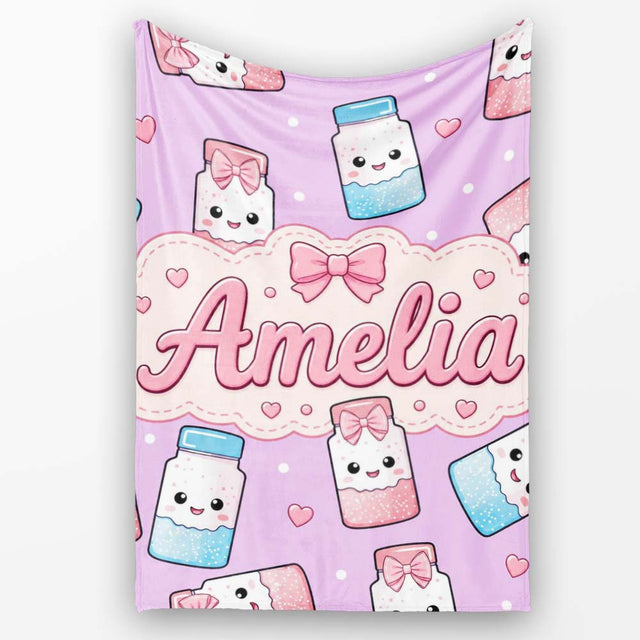 Cute Kawaii Sugar Jar Bottles with Glitter Sprinkles Purple  Personalised Custom Name Super Soft Fleece Blanket Bed Sofa Throw