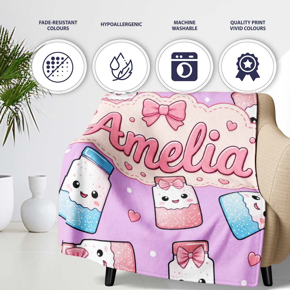 Cute Kawaii Sugar Jar Bottles with Glitter Sprinkles Purple  Personalised Custom Name Super Soft Fleece Blanket Bed Sofa Throw