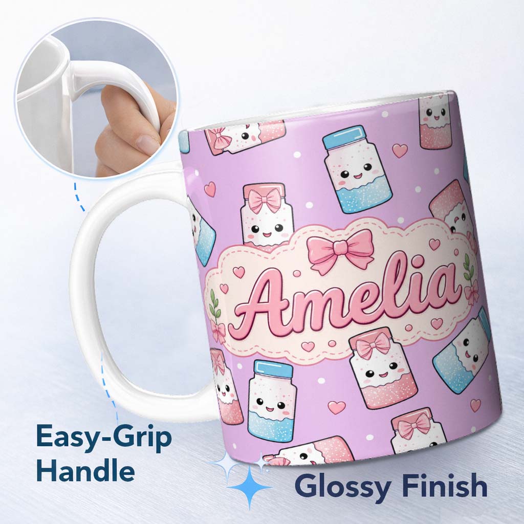 Personalized Custom Name Cute Kawaii Sugar Jar Bottles with Glitter Sprinkles Purple 11oz Ceramic Coffee Tea Mug White Large Handle