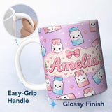 Personalized Custom Name Cute Kawaii Sugar Jar Bottles with Glitter Sprinkles Purple 11oz Ceramic Coffee Tea Mug White Large Handle