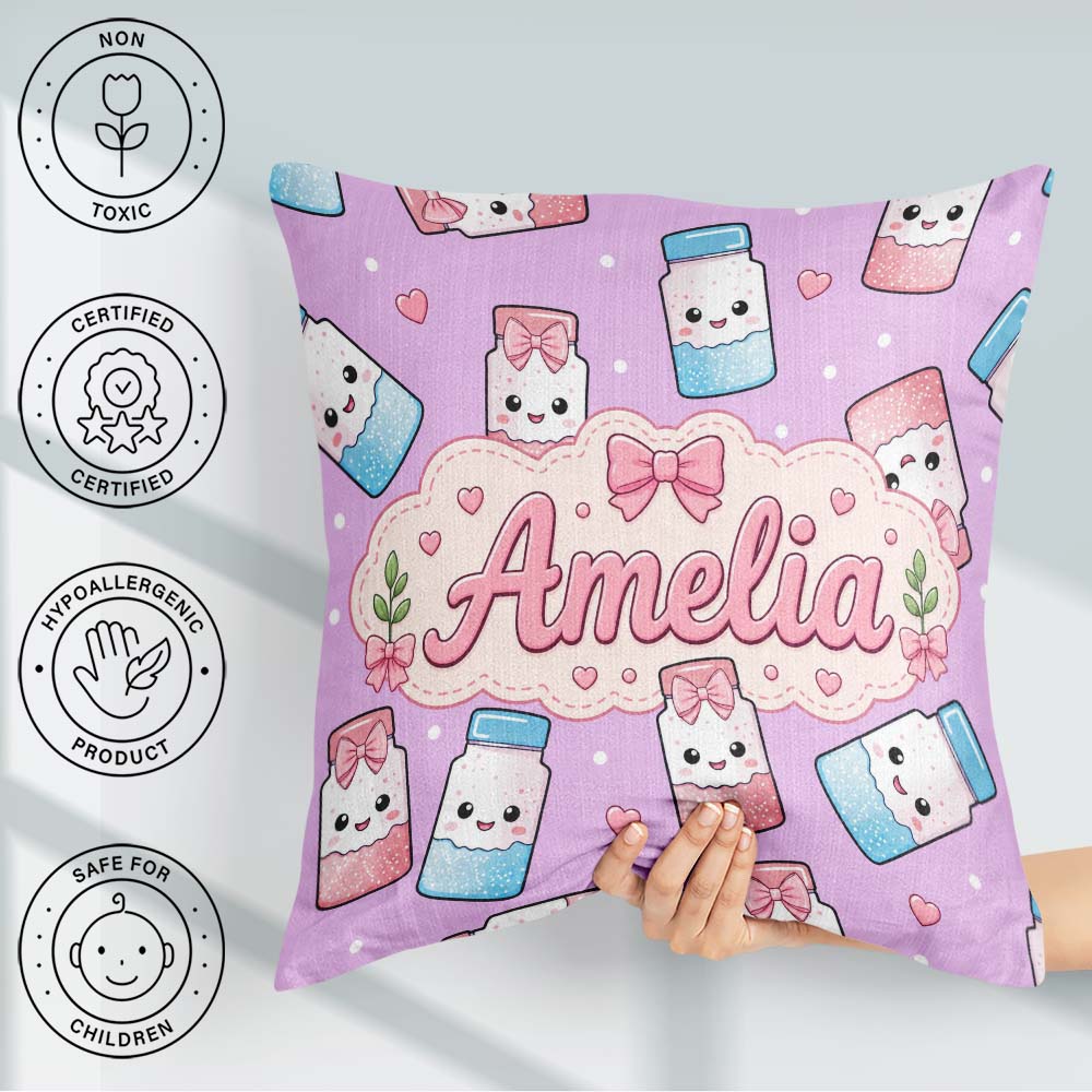 Custom Name Cute Kawaii Sugar Jar Bottles with Glitter Sprinkles Square Filled Cushion Throw Pillow Sofa Bed Home Decor Zip Washable UK Made