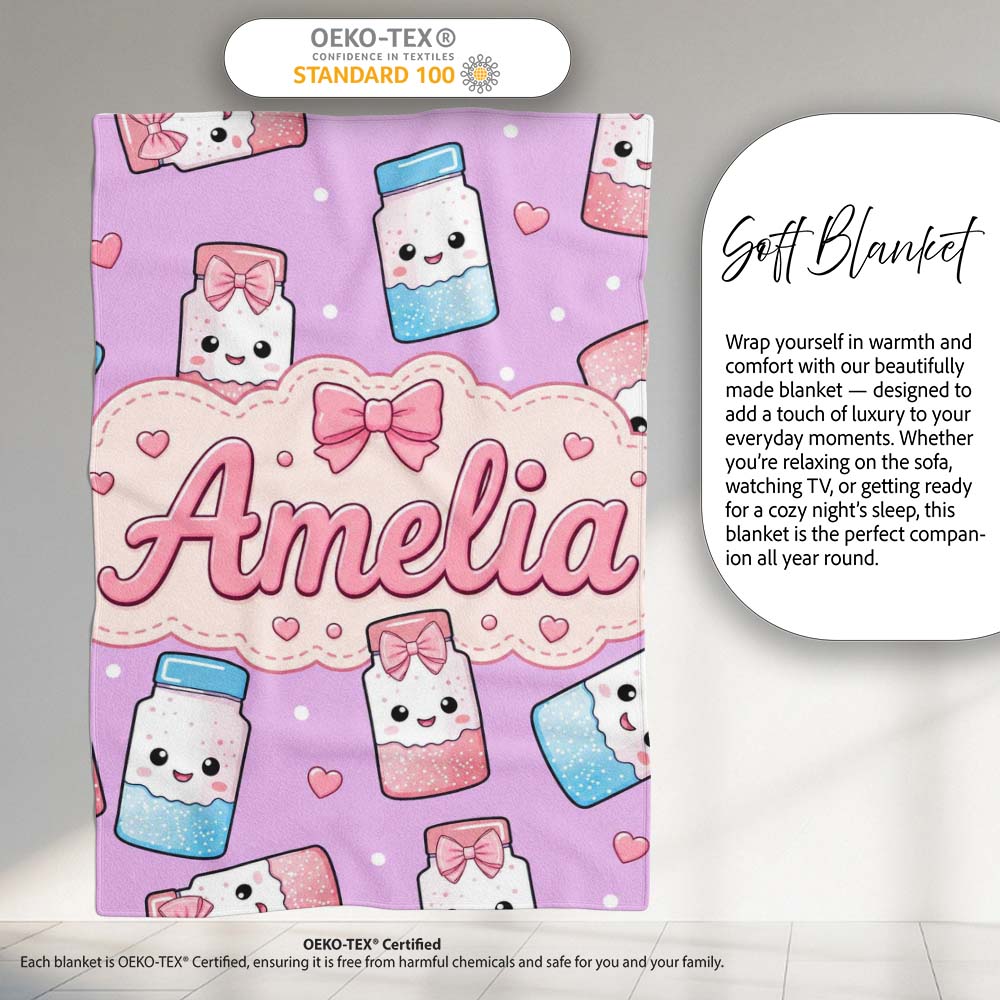 Cute Kawaii Sugar Jar Bottles with Glitter Sprinkles Purple  Personalised Custom Name Super Soft Fleece Blanket Bed Sofa Throw