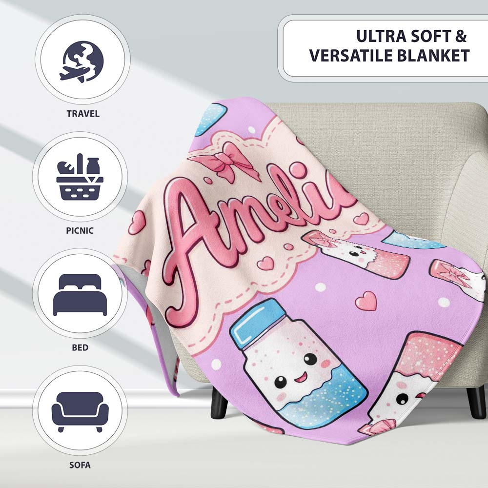 Cute Kawaii Sugar Jar Bottles with Glitter Sprinkles Purple  Personalised Custom Name Super Soft Fleece Blanket Bed Sofa Throw