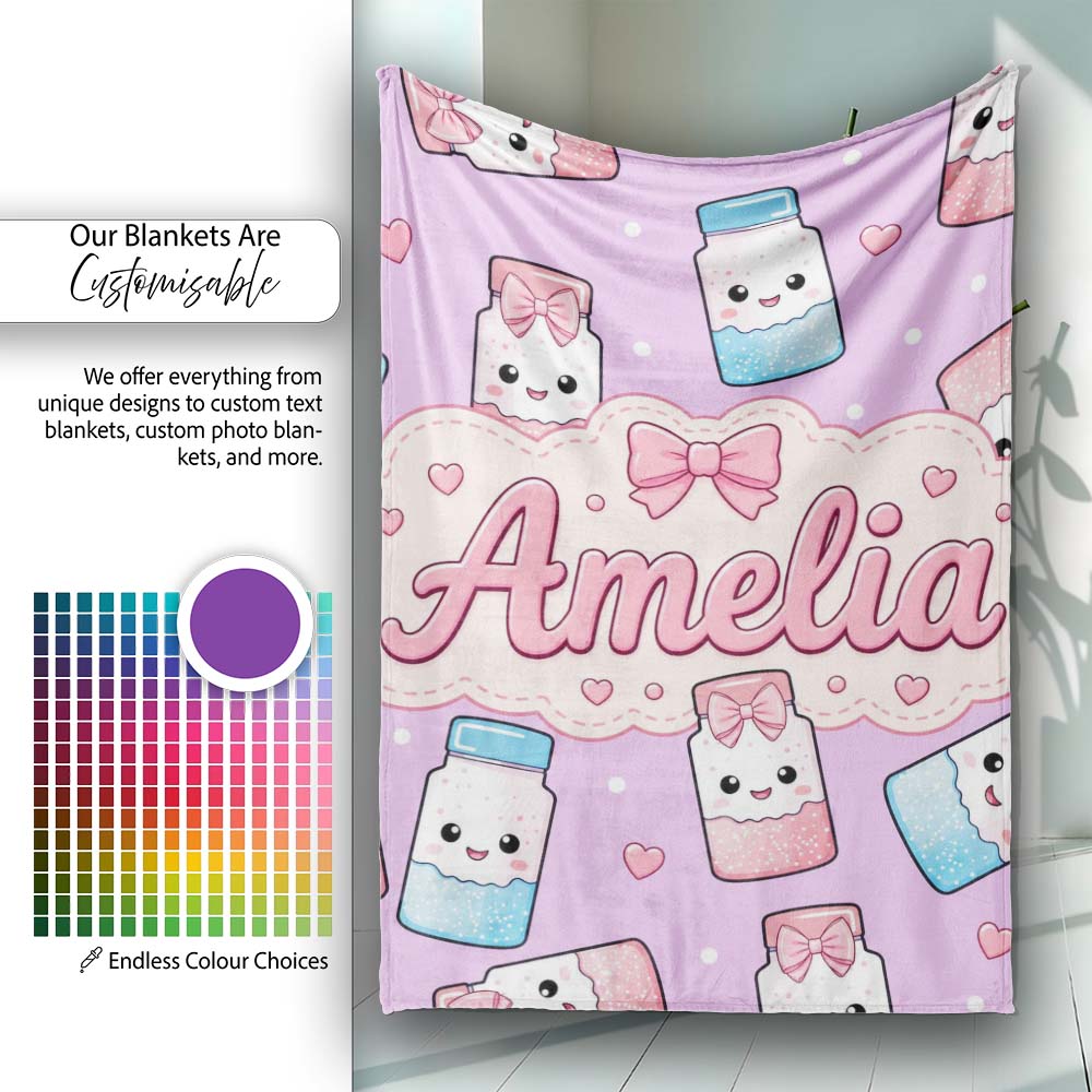 Cute Kawaii Sugar Jar Bottles with Glitter Sprinkles Purple  Personalised Custom Name Super Soft Fleece Blanket Bed Sofa Throw