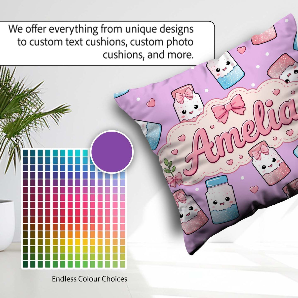 Custom Name Cute Kawaii Sugar Jar Bottles with Glitter Sprinkles Square Filled Cushion Throw Pillow Sofa Bed Home Decor Zip Washable UK Made