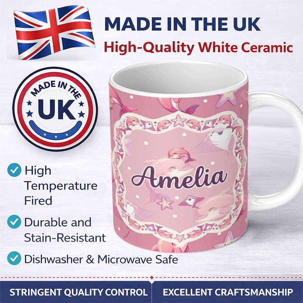 Personalized Custom Name Cute Pink Dolphins and Starfish Seamless Ocean Pink Polka Dot Lovely 11oz Ceramic Coffee Tea Mug White Large Handle