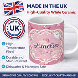Personalized Custom Name Cute Pink Dolphins and Starfish Seamless Ocean Pink Polka Dot Lovely 11oz Ceramic Coffee Tea Mug White Large Handle