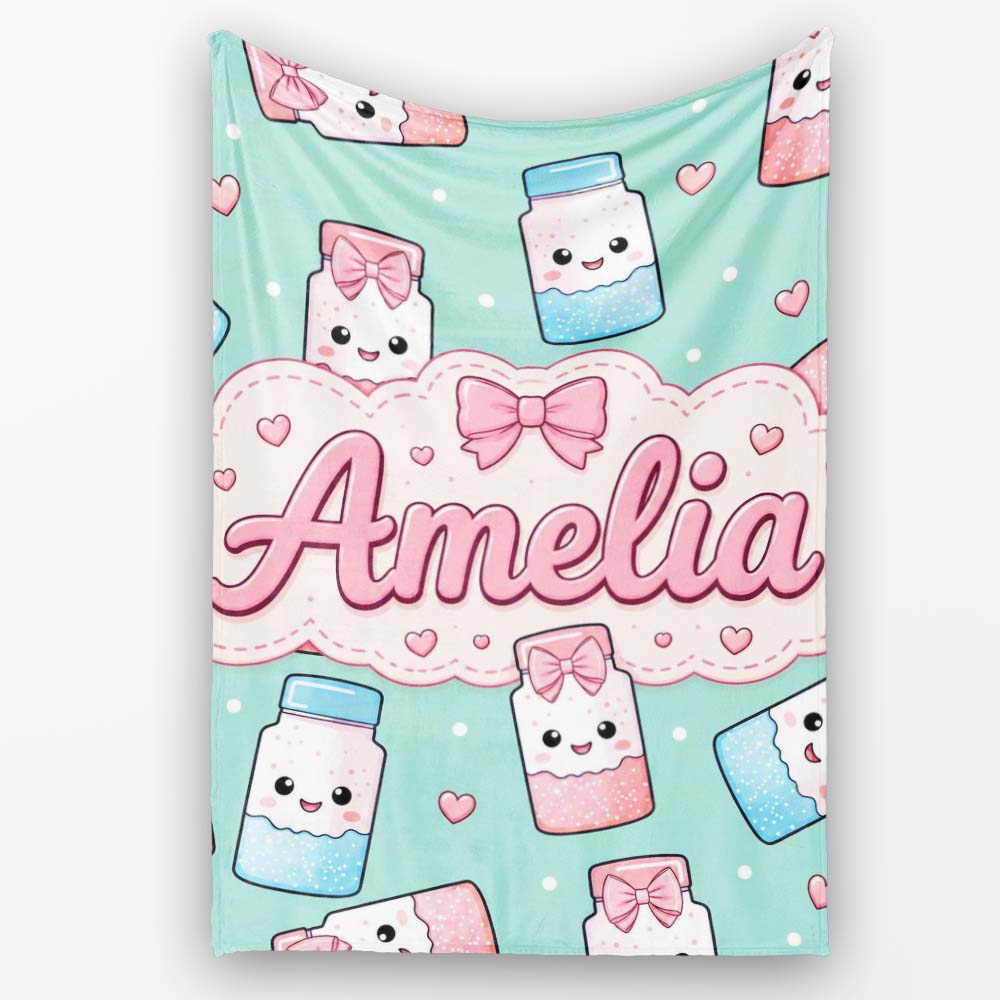 Cute Kawaii Sugar Jar Bottles with Glitter Sprinkles Mint  Personalised Custom Name Super Soft Fleece Blanket Bed Sofa Throw