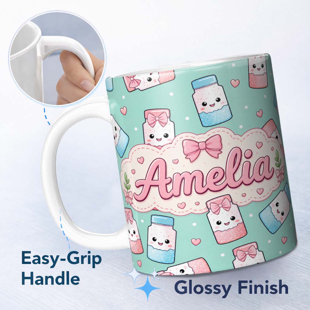 Personalized Custom Name Cute Kawaii Sugar Jar Bottles with Glitter Sprinkles Mint 11oz Ceramic Coffee Tea Mug White Large Handle