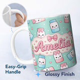 Personalized Custom Name Cute Kawaii Sugar Jar Bottles with Glitter Sprinkles Mint 11oz Ceramic Coffee Tea Mug White Large Handle