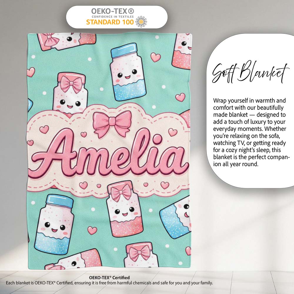 Cute Kawaii Sugar Jar Bottles with Glitter Sprinkles Mint  Personalised Custom Name Super Soft Fleece Blanket Bed Sofa Throw