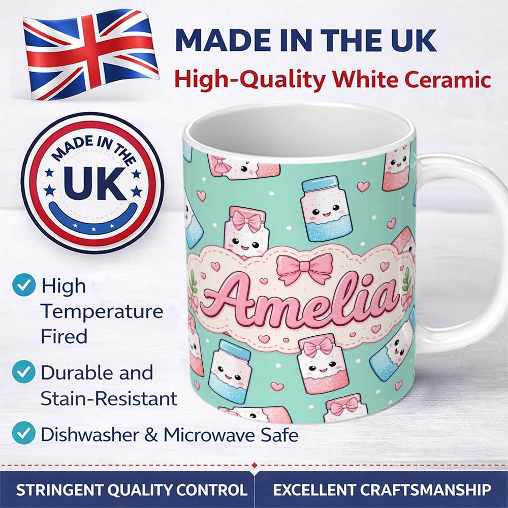 Personalized Custom Name Cute Kawaii Sugar Jar Bottles with Glitter Sprinkles Mint 11oz Ceramic Coffee Tea Mug White Large Handle
