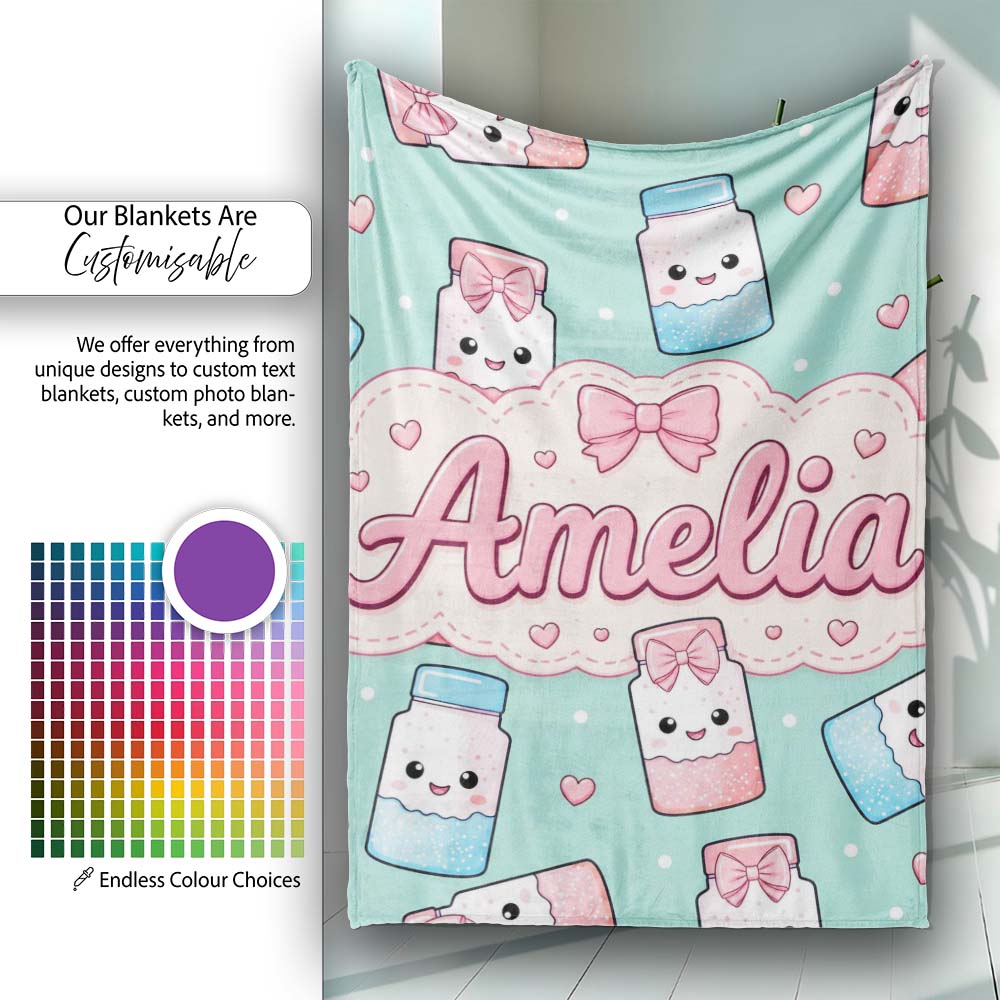 Cute Kawaii Sugar Jar Bottles with Glitter Sprinkles Mint  Personalised Custom Name Super Soft Fleece Blanket Bed Sofa Throw