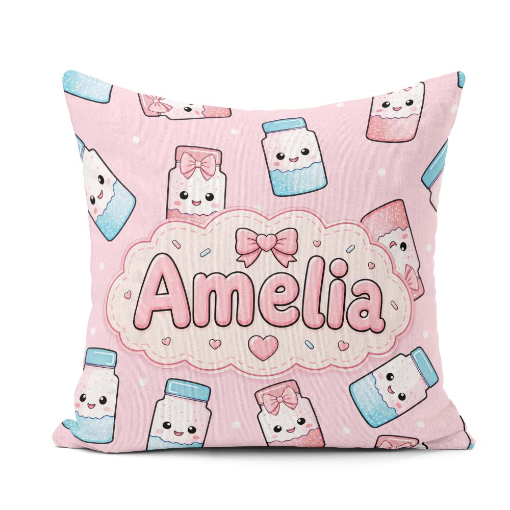 Custom Name Kawaii Sugar Jar Bottles with Glitter Sprinkles Pink Square Filled Cushion Throw Pillow Sofa Bed Home Decor Zip Washable UK Made