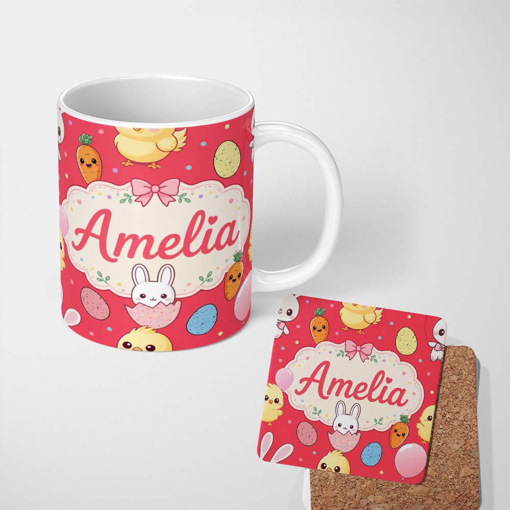 Personalized Custom Name Cute Easter Bunny Chick Carrots Eggs Polka Dot Seamless Pattern Red 11oz Ceramic Coffee Tea Mug White Large Handle