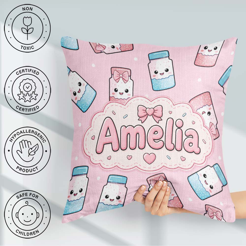 Custom Name Kawaii Sugar Jar Bottles with Glitter Sprinkles Pink Square Filled Cushion Throw Pillow Sofa Bed Home Decor Zip Washable UK Made