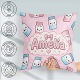Custom Name Kawaii Sugar Jar Bottles with Glitter Sprinkles Pink Square Filled Cushion Throw Pillow Sofa Bed Home Decor Zip Washable UK Made